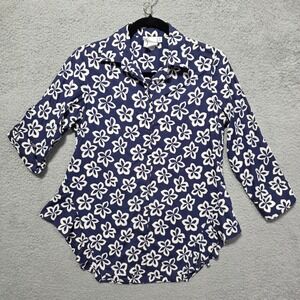 Finley Womens Floral Button Up Ruffle Dress Top Small Navy White Long Sleeve